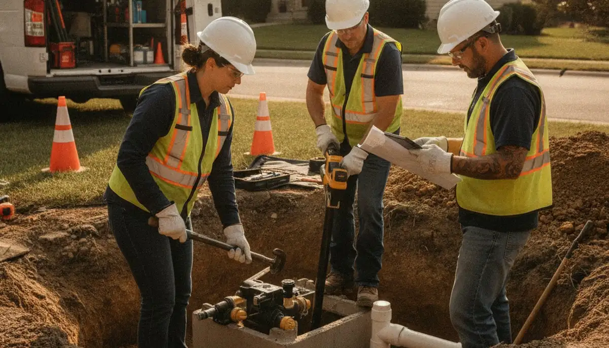 Septic repair plumber in San Mateo, CA inspecting home septic system for service call