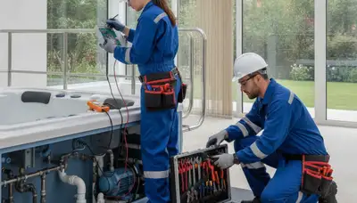 Spa repair technician servicing a home spa in San Mateo, CA