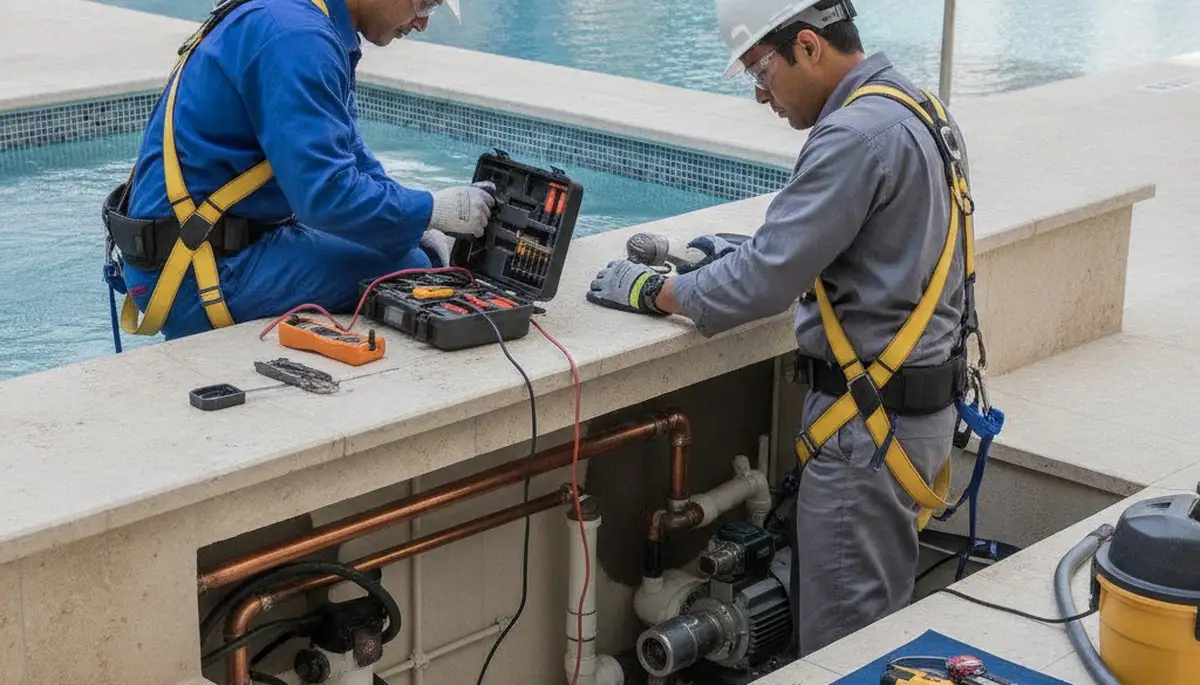 San Mateo, CA spa repair technician fixing a home spa for reliable plumbing service